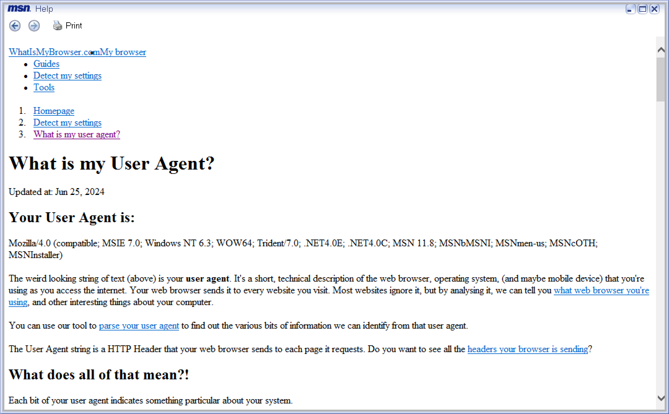 The web browser view, with a user agent site open saying it's using Trident 7 as a rendering engine (which corresponds to Internet Explorer 11).