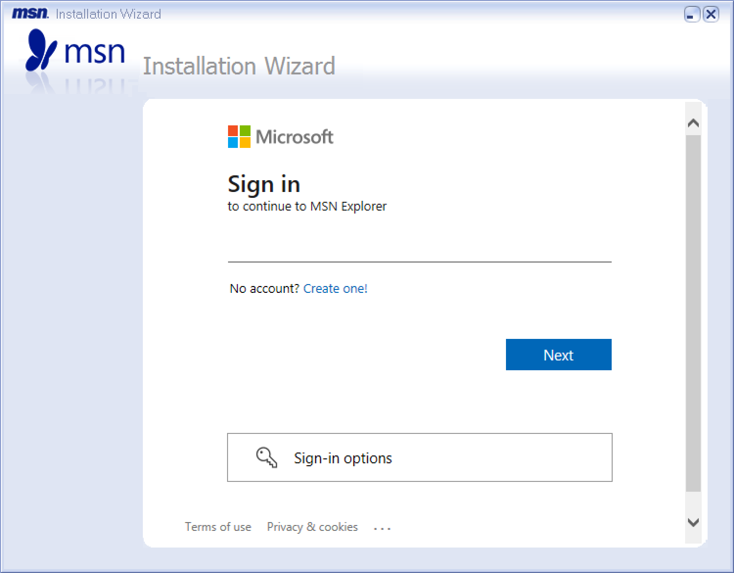 The MSN Explorer installer, with a Microsoft sign-in integrated web browser page in the middle.