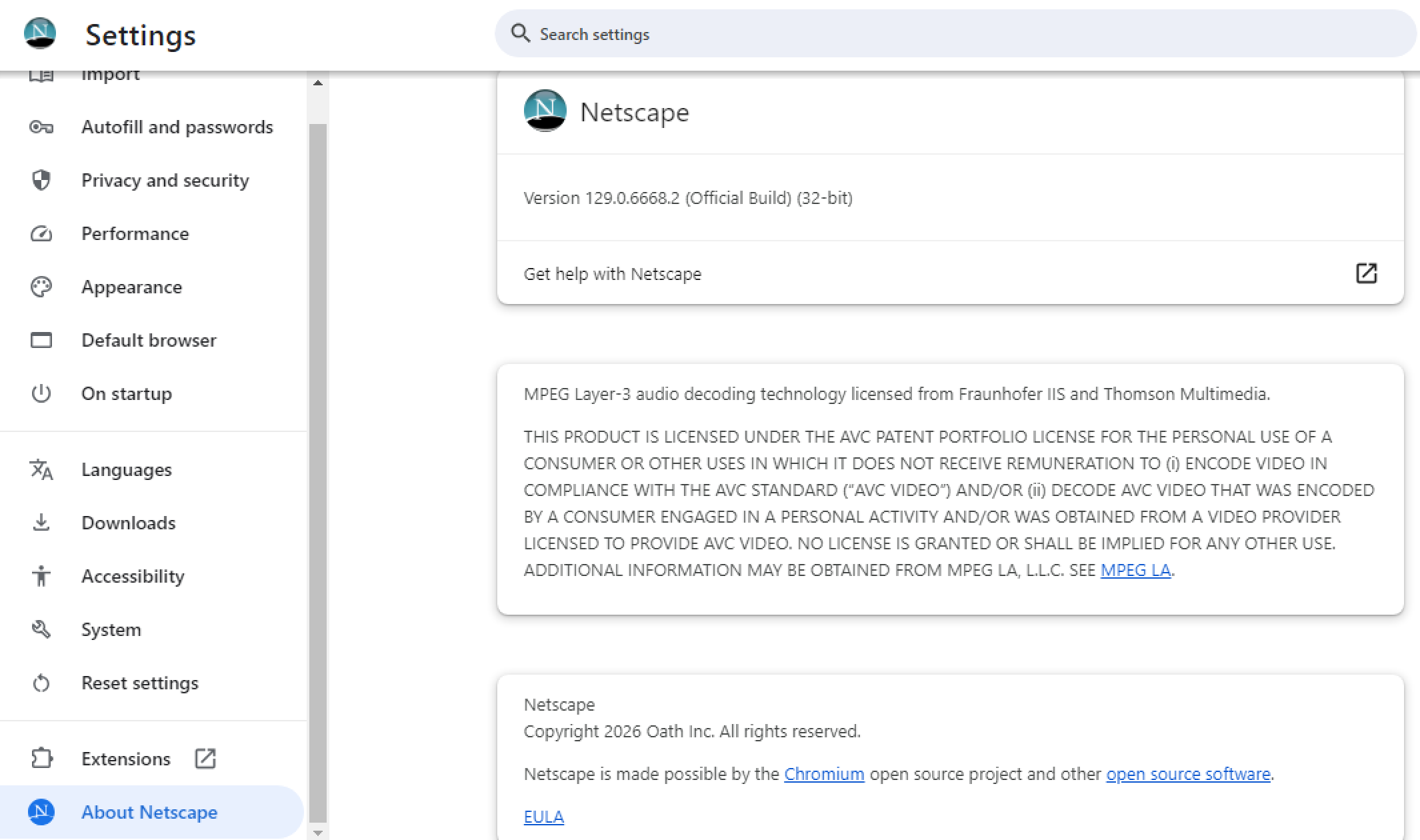 The about page, showing it's been changed to Netscape.