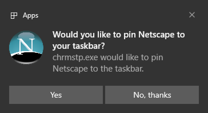 A notification asking to pin Netscape to the taskbar.
