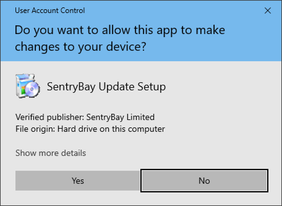 The executable's UAC prompt, called SentryBay Update Setup.