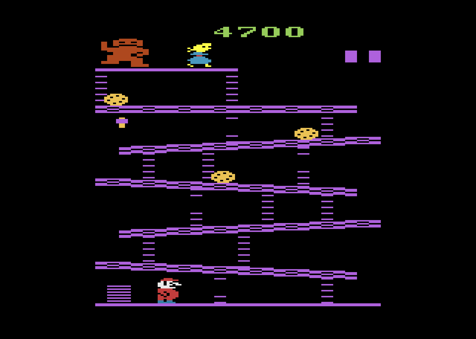 A screenshot of the Atari 2600 release of Donkey Kong.