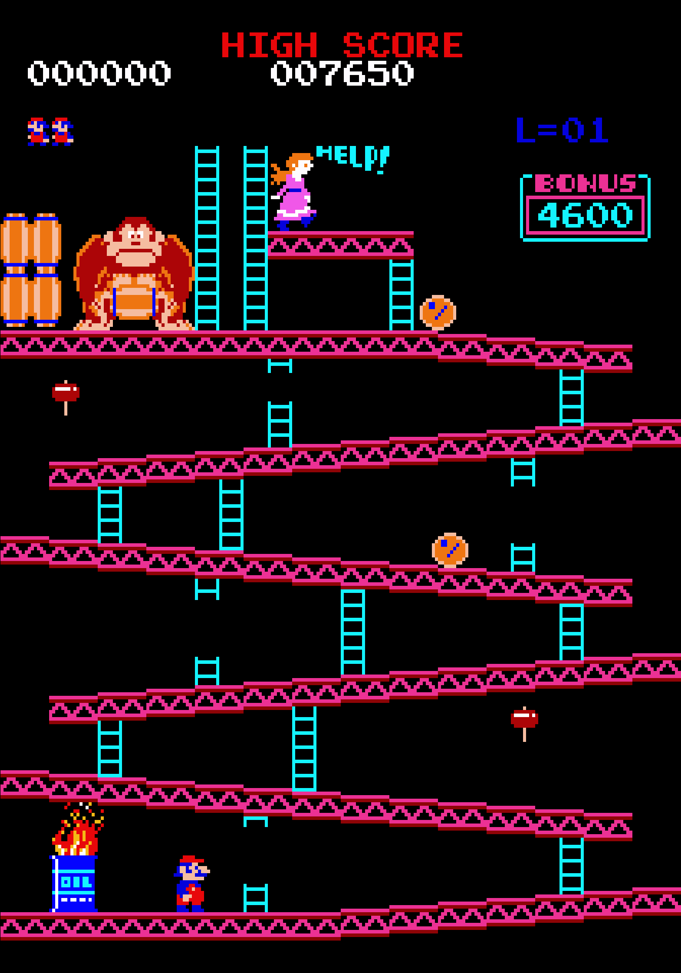 A screenshot of the arcade release of Donkey Kong.