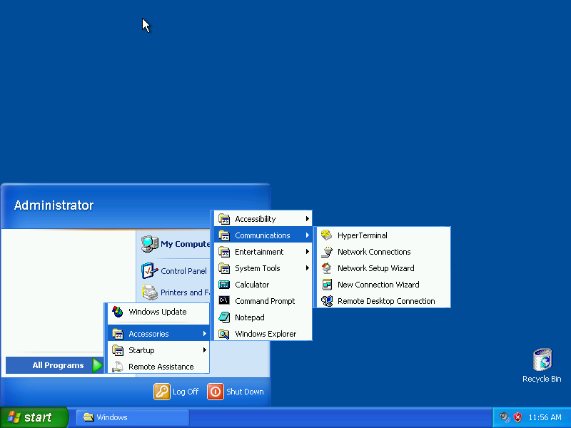 The Windows Fundamentals for Legacy PCs desktop and Start menu, showing very few installed programs.