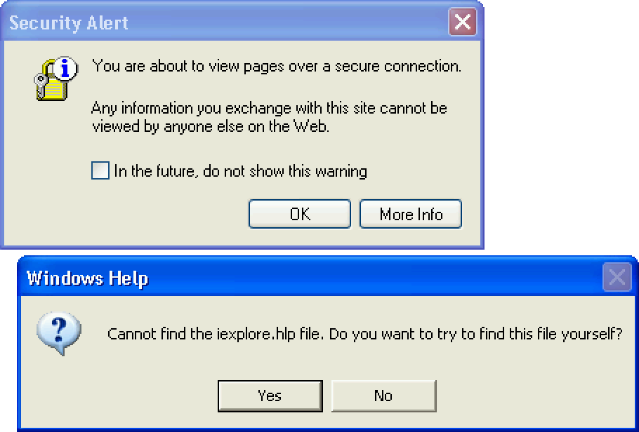 Two message boxes, one saying the website will be viewed over a secure connection, another saying the help file can't be found.