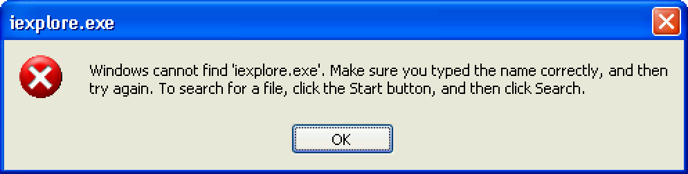 An error message stating iexplore.exe was not found from the Run prompt.