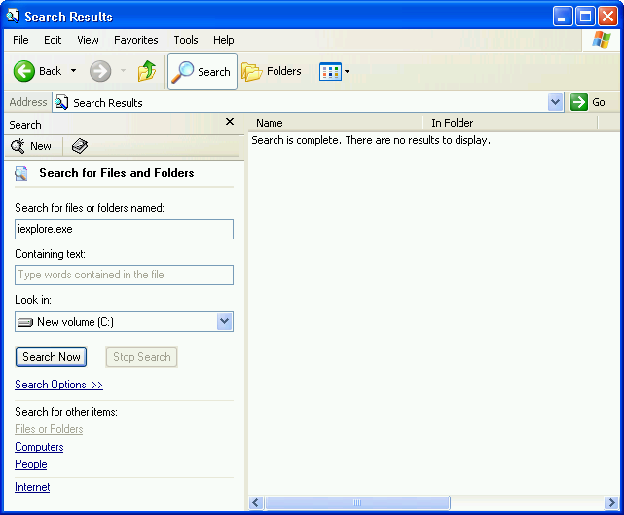 Explorer showing that no files named iexplore.exe exist on the system.