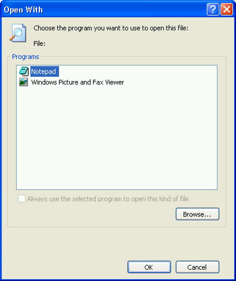 The Open With window shown when trying to open Internet Explorer, showing Notepad and the photo/fax viewer.