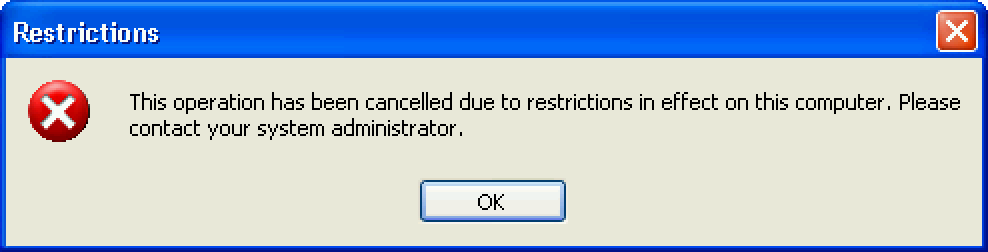 An error claiming that Internet Options can't be opened due to restrictions placed on the computer.
